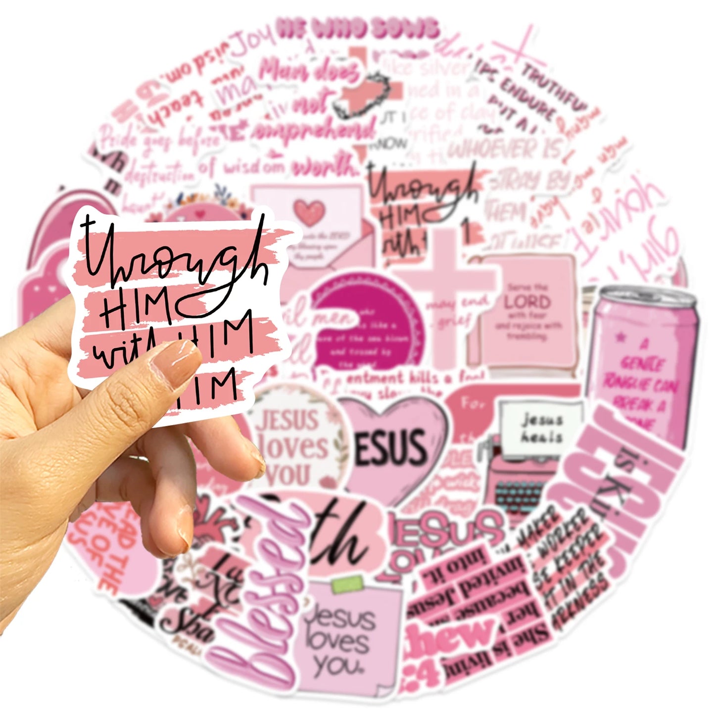 50PCS Pink Bible Christian Cartoon Stickers Jesus Loves You Graffiti Stickers Decoration DIY Water Bottle Notebook Phone Sticker